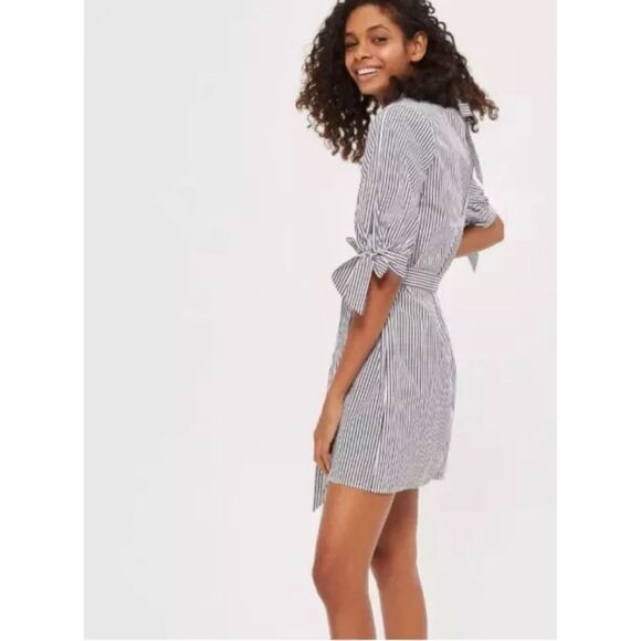 NWT Womens Topshop Striped Poplin High Neck Sash Shift Shirt Dress - Sz 2 - Picture 1 of 6